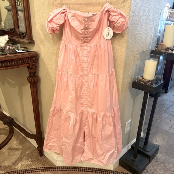 NWT~STAUD Women Elio Strawberry Cream Pink Off-The-Shoulder Midi Dress Size 2 - Picture 1 of 9